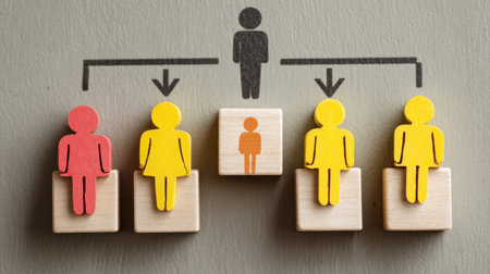 This image illustrates a unique team structure using colorful wooden figures. It creatively represents concepts of leadership, collaboration, and organizational dynamics.の素材