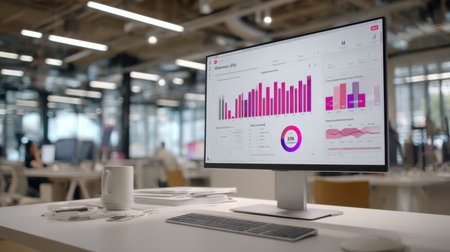 A sleek office workspace featuring a modern computer display showcasing colorful graphs and statistical data, creating an ideal environment for business productivity.の素材