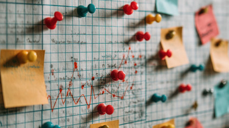 A visually engaging workspace featuring colorful push pins and sticky notes on graph paper, illustrating data representation and enhancing creative organization for projects.の素材