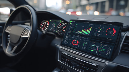 Explore the innovative design of a modern car interior showcasing a high-tech dashboard. The interactive display provides real-time data and performance metrics to enhance driving experience.の素材