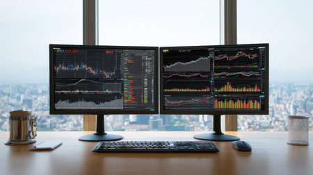 A contemporary office setup featuring dual computer monitors showcasing stock market charts and data, providing a panoramic city view that enhances productivity.の素材