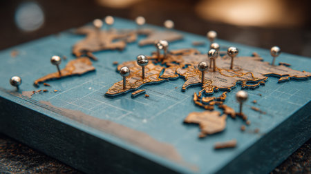 A creative world map featuring push pins that mark various locations. Ideal for travelers and adventurers, this illustration serves as an inspiring tool for planning journeys.の素材