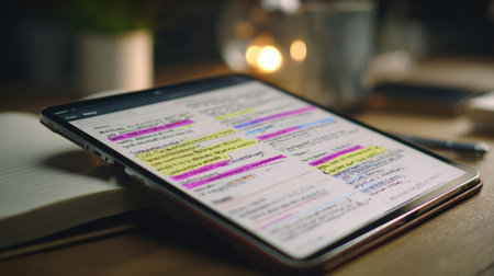 This image features a digital tablet displaying colorful highlighted notes on a wooden table, creating a cozy learning environment perfect for studying and productivity.の素材