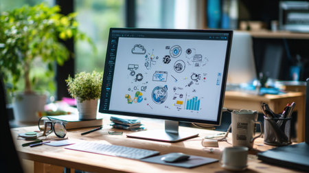 Modern office workspace features a computer with creative graphics, indoor plants, and assorted desk items, showcasing a blend of productivity and creativity.の素材