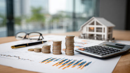 A detailed setup showcasing coins, a calculator, financial charts, glasses, and a house model on a table representing investment and budgeting strategies.の素材