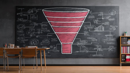 A creative marketing funnel concept illustrated on a blackboard, surrounded by strategic diagrams and data visualizations, set in a modern office environment.の素材