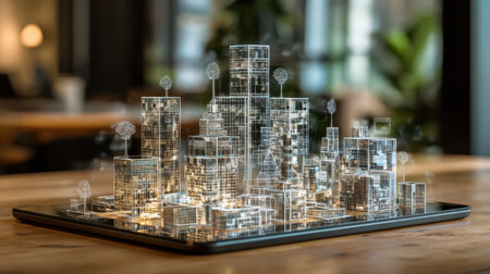 This image showcases a futuristic digital city model featuring transparent skyscrapers and greenery displayed on a sleek tablet, symbolizing innovation in urban design.の素材