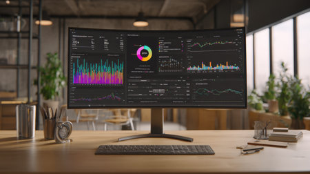 Explore a sleek modern workspace featuring a curved monitor that showcases vibrant data visualizations and graphs, perfect for productivity in a stylish office.の素材