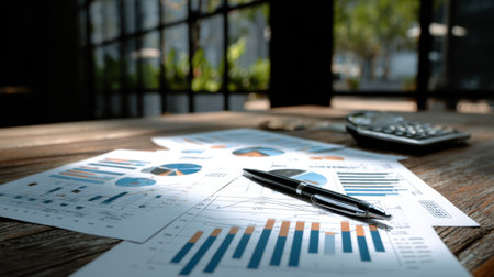 A close-up view of financial analysis documents featuring graphs and charts on a wooden table, accompanied by a pen and calculator in a bright office setting.の素材