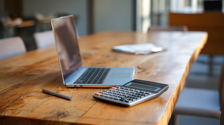 A sleek laptop and a calculator rest on a rustic wooden table, showcasing a bright office environment that inspires productivity and organization in finance tasks.の素材