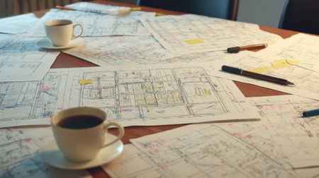 A cluttered workspace with coffee cups and blueprints scattered on a wooden table, showcasing the creative process of architects and designers in action.の素材