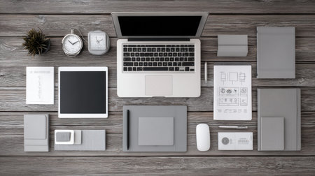 A beautifully organized modern workspace featuring a laptop, tablet, notebooks, and a stylish clock on a wooden table. Ideal for showcasing productivity and design aesthetics.の素材
