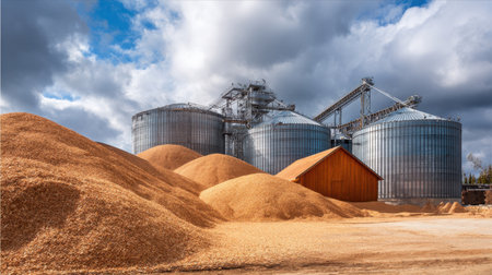 A grain storage facility featuring silos and a wooden shed, with large piles of freshly harvested grain under a captivating cloudy sky, represents agricultural vitality.の素材