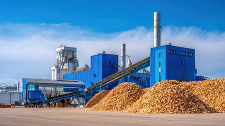 View of an industrial wood processing facility featuring large sawdust piles, advanced machinery, and a clear blue sky, showcasing timber production technology in action.の素材