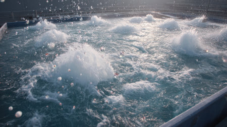 A captivating image featuring dynamic water splashes in a clear pool, creating lively bubbles and reflections, perfect for evoking a sense of joy and relaxation.の素材