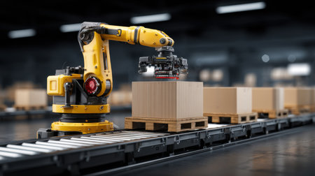 A yellow industrial robotic arm is actively sorting cardboard boxes on a conveyor belt in a modern warehouse. This image showcases advanced automation in logistics.の素材
