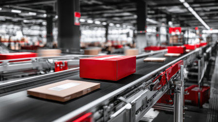 A modern warehouse setting showcasing an automated conveyor belt transporting packages. This image highlights efficient logistics operations in a streamlined process.の素材
