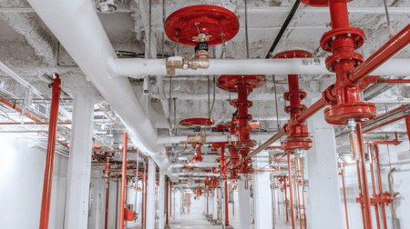 This image showcases an industrial water supply system featuring red valves and pipes in a modern building interior, highlighting essential infrastructure elements for engineering.の素材