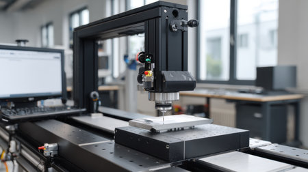 A detailed view of a precision CNC machining tool set in a modern workshop, showcasing advanced technology and a computer display, emphasizing industrial manufacturing.の素材