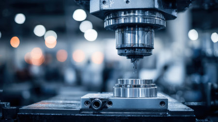 A close-up view of a CNC milling machine engaged in precise cutting of metal parts, showcasing advanced technology and manufacturing processes in an industrial setting.の素材