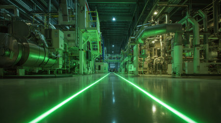A modern industrial manufacturing facility showcasing a green laser pathway that enhances workflow efficiency and safety while emphasizing advanced technology in production processes.の素材