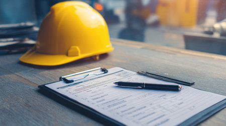 A yellow safety helmet rests beside a clipboard and pen, showcasing an inspection form on a wooden table, set in an industrial environment perfect for construction.の素材