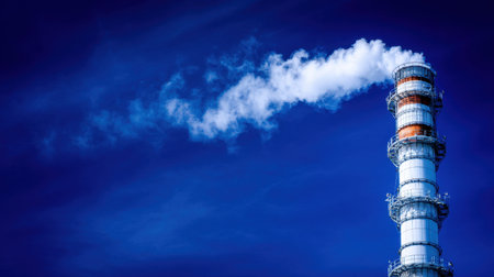 A striking image of an industrial smokestack releasing white smoke into the atmosphere, highlighting concerns about air quality and the need for sustainable practices.の素材