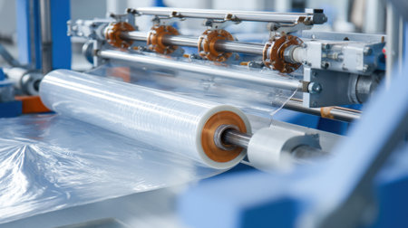 An industrial machine efficiently produces high-quality plastic film in a modern manufacturing facility, showcasing the innovative technology in packaging and processing.の素材