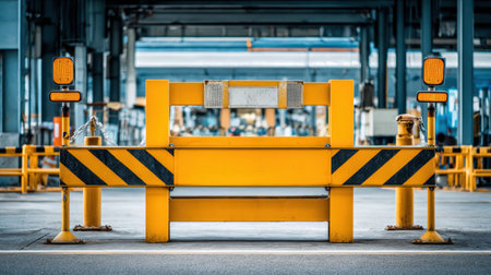 A bright yellow industrial barrier with caution stripes stands prominently in a spacious warehouse, showcasing a modern and organized manufacturing environment.の素材