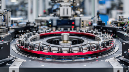 Detailed view of industrial machinery featuring precision equipment in a modern manufacturing setting, showcasing the advancements in automation and production technology.の素材