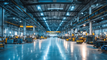 A wide-angle view of a modern industrial warehouse featuring machinery and pallets, illuminated by bright overhead lights, showcasing an organized and efficient workspace.の素材