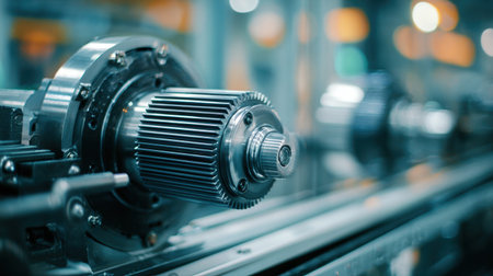 This image showcases a close-up view of a mechanical gear system, highlighting precision engineering and modern manufacturing techniques in an industrial setting.の素材