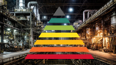A stunning industrial scene showcasing a factory interior illuminated with warm tones, featuring a colorful pyramid graphic symbolizing energy efficiency and sustainability.の素材