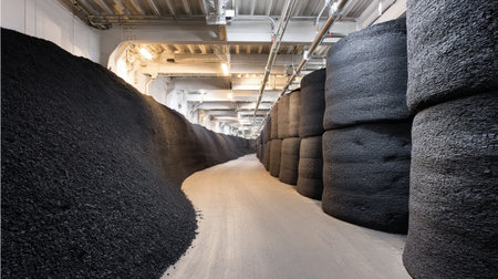 A spacious industrial warehouse featuring large piles of black material creates a modern storage environment. The organized stacks and pathways reflect efficient logistics.の素材
