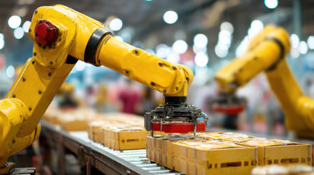 A yellow robot arm operates efficiently in a modern warehouse, handling packages on a conveyor belt amid a bustling production setting, showcasing advanced automation in action.の素材