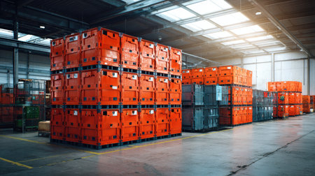 A vibrant warehouse scene featuring neatly stacked colorful crates within a spacious industrial setting, illustrating effective storage and logistics operations.の素材