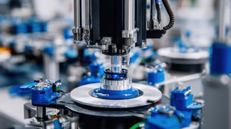 A closeup look at precision machinery in a modern manufacturing facility, highlighting the role of automation and technology in efficient production processes.の素材