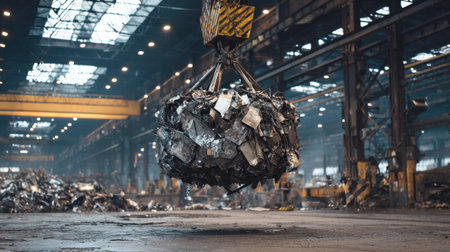 A powerful scene capturing a crane lifting a circular ball of scrap metal in a large industrial recycling facility, showcasing machinery in action and environmental management.の素材