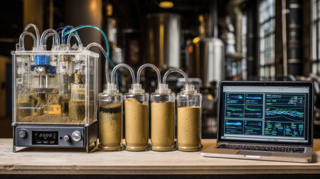 A modern laboratory setup showcasing an innovative machine for soil and water sample analysis, paired with a computer for real-time data monitoring to enhance research efficiency.の素材