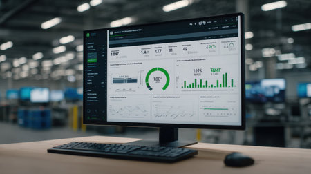 A modern desktop computer showcases an analytical dashboard filled with graphs and data metrics, set within a contemporary technology workspace.の素材