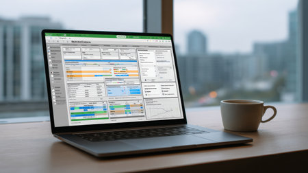 A modern laptop showcases in-depth data analysis with charts and graphs. A coffee cup sits nearby, creating a productive workspace by the city window.の素材