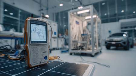 A high-tech electronic measurement device is displayed in a modern laboratory, showcasing analysis charts on screen, with a solar panel in focus and automotive equipment in the background.の素材