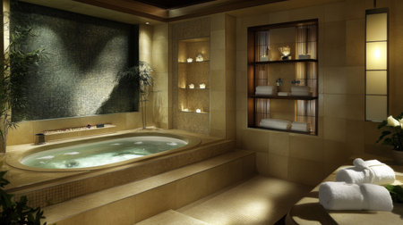 Experience serenity in this luxurious spa retreat, featuring a soothing bathtub and warm lighting, creating a perfect environment for relaxation and rejuvenation.の素材