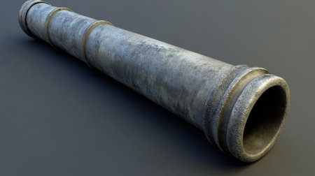 This close-up view of a vintage metal pipe highlights its weathered surface and unique texture, perfect for industrial or historical themes in design projects.の素材