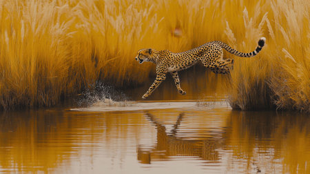 A stunning image of a cheetah gracefully leaping over water amidst golden grasslands, reflecting the warm hues of a sunset while showcasing its agility and speed in nature.の素材