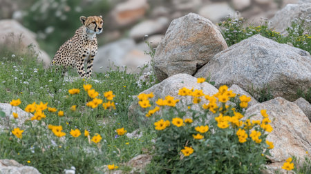 A stunning cheetah sits gracefully among colorful yellow flowers and rugged rocks, showcasing the beauty of wildlife in a serene natural setting, perfect for nature lovers.の素材