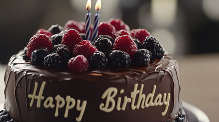 A tempting birthday cake showcasing rich chocolate layers adorned with fresh berries and lit candles, perfect for celebrating special occasions with family and friends.の素材