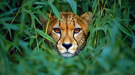 Discover the captivating gaze of a cheetah peeking through lush greenery, showcasing the beauty and elegance of one of natureの素材