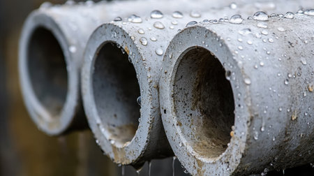 A striking close-up image of concrete pipes adorned with glistening water droplets, capturing the essence of urban life intertwined with nature's elements after rain.の素材