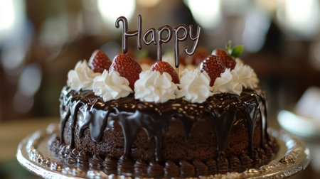 A rich chocolate cake adorned with whipped cream and fresh strawberries, perfect for birthdays and celebrations. Captivating details showcase indulgence and joy.の素材